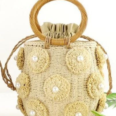 Handwoven Straw Raffia Handbag Barrel