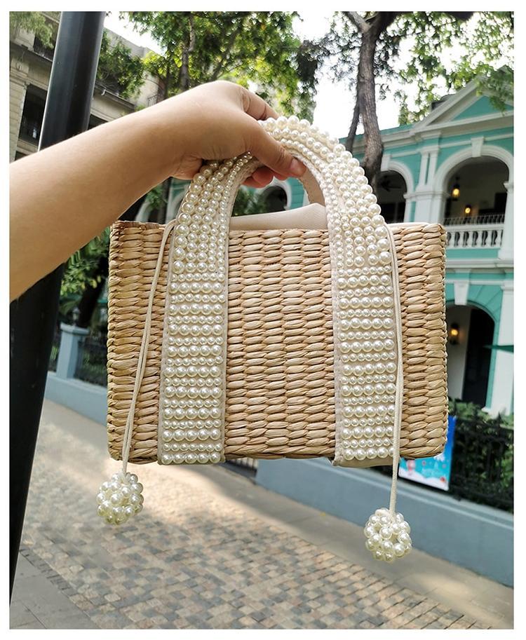 Embroidered Pearls Straw Tote Bag