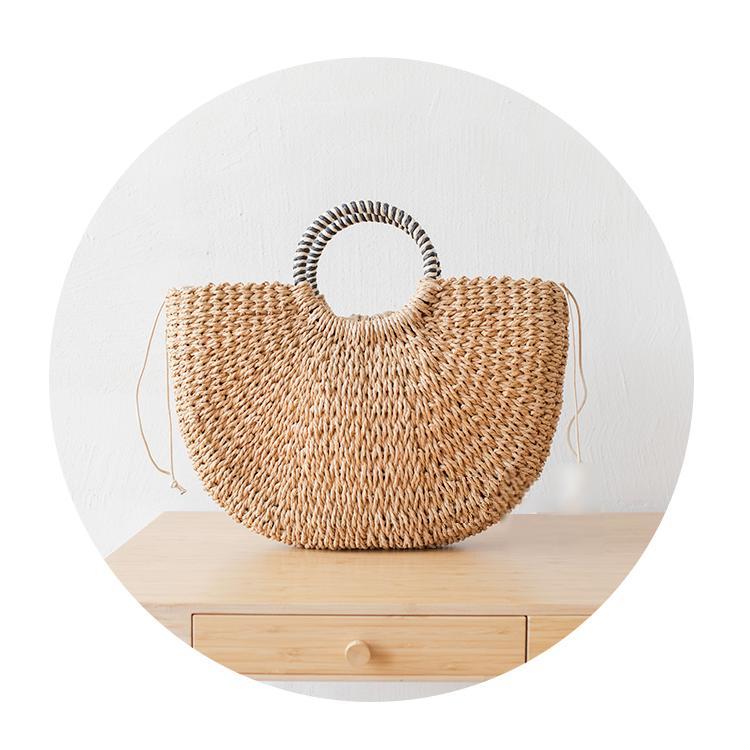 Half Moon Sea Shells Straw Beach Bag with Pompons